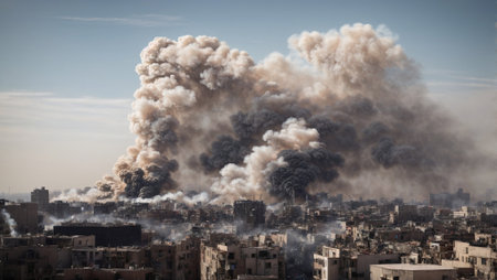 Smoke is rising into the air in the city after an explosion in the city.の素材