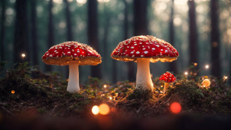 Red mushrooms in the forest with bokeh lights. 3D illustration of an abstract background with bokeh lights and mushrooms.の素材