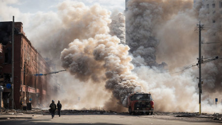 Smoke is rising into the air in the city after an explosion in the city.の素材