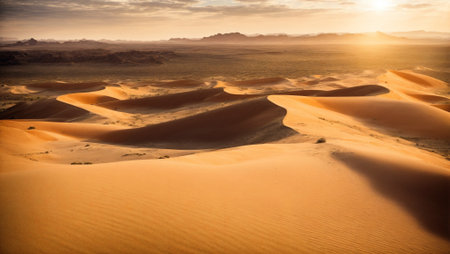 A vast and desolate desert landscape. There are towering sand dunes and a brilliant sunset in the distance.の素材