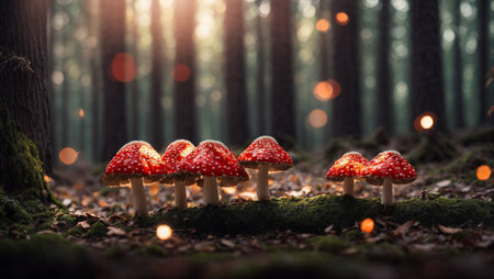 Red mushrooms in the forest with bokeh lights. 3D illustration of an abstract background with bokeh lights and mushrooms.の素材