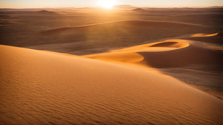 A vast and desolate desert landscape. There are towering sand dunes and a brilliant sunset in the distance.の素材