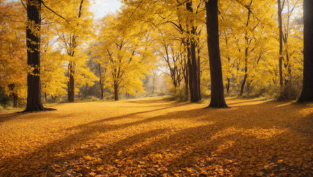 Autumn in the park with yellow leaves on the ground and treesの素材