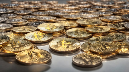 Golden bitcoin coins. Cryptocurrency concept. 3D illustration.の素材