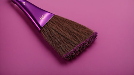 Brush for makeup on a pink background. Top view. Copy space.の素材