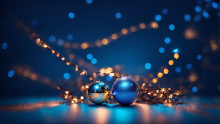 Blue christmas balls and garland on blue bokeh backgroundの素材