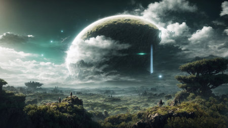 Fantasy landscape with strange alien planet. 3d render illustration.の素材