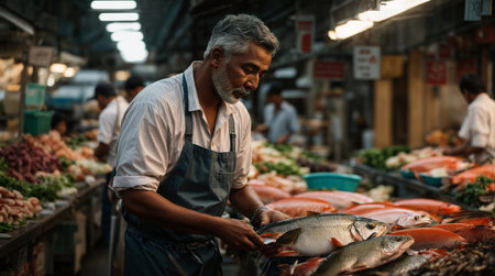 Unidentified man selling fresh fish in the market.の素材