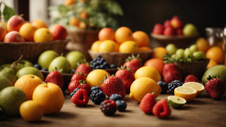 various fruits on wooden table, shallow depth of field, focus on foregroundの素材