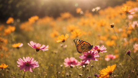 Butterfly on pink cosmos flower in the meadow with sunlightの素材