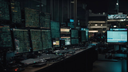 Computer monitors in a server room at night, concept of technology.の素材