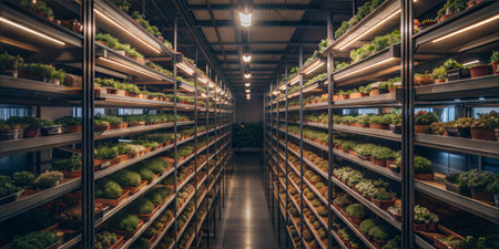 The Future of Farming: Verdant rows of crops flourish under the glow of LED lights in a state-of-the-art vertical farmの素材