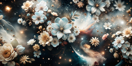 Cosmic Bloom: A breathtaking digital art piece featuring a cluster of delicate rosesの素材