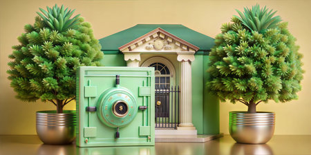 Protecting Institutions: A businessman in a power suit safeguards a miniature courthouseの素材