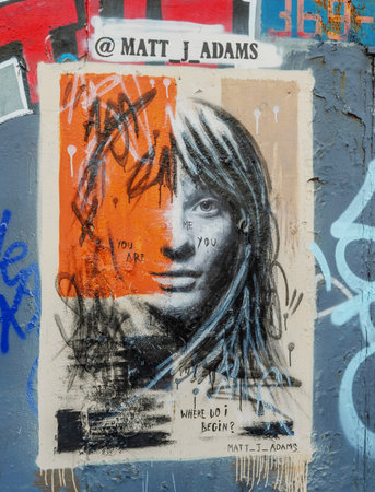 London, England, April,17,201 - Original oil paint portrait street art of a young woman in Kentish...