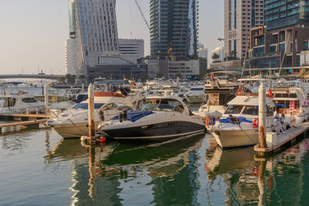 Dubai, United Arab Emirates, Middle East - December, 27, 2023 - Luxury Yachts in Dubai Marina- Affluent residential waterfront neighbourhoodの写真素材