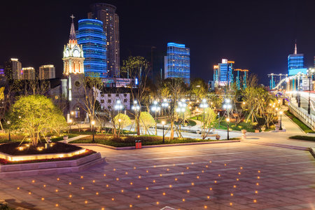 Night view of the  Catholic Church in Ningboの写真素材