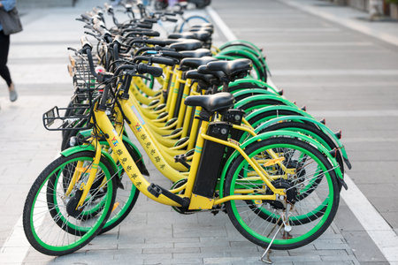 Shared motorcycles on the streets of Ningboのeditorial素材