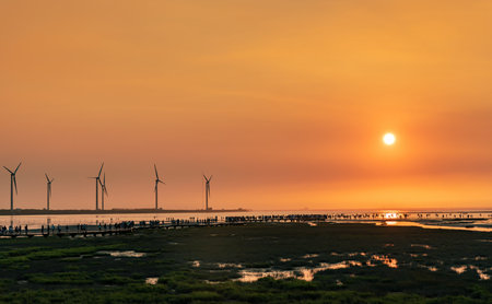 Sunset in Gaomei Wetland, Taichung City, Taiwan Province, Chinaの写真素材