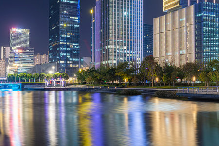 Night scenery of the eastern new city of Ningbo, Zhejiang, Chinaのeditorial素材