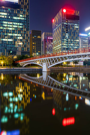 Night scenery of the eastern new city of Ningbo, Zhejiang, Chinaのeditorial素材