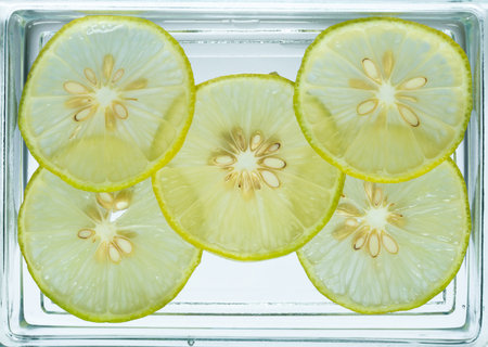 lemon slice on square dishの写真素材