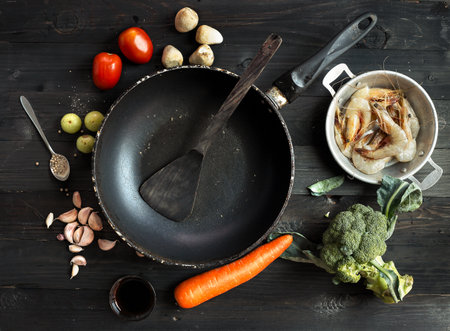 Shrimp Fried prepare cooking with broccoli carrot tomato and  ingredientsの写真素材