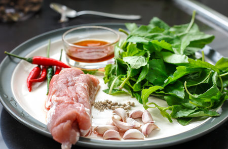 ingredient of fried stir Basil with porkの写真素材