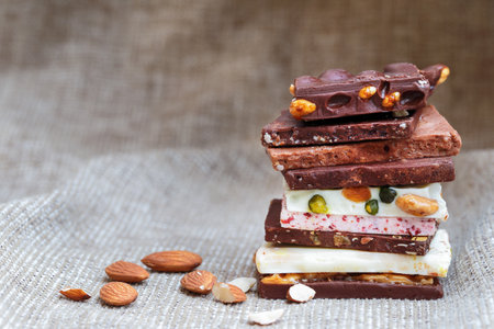 sweet chocolate homemade and almond on sackcloth backgroundの写真素材