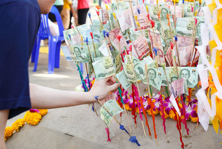 Banknote for donation, Thai ceremonyの写真素材