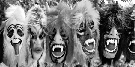 Spooky rubber mask with scary horror faceの写真素材