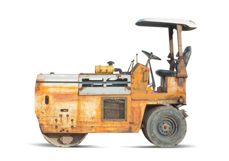 Old Road roller machine isolated on white background.