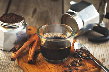 Espresso coffee brewing from Moka Potの写真素材