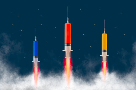 Retouching the shot of the syringe is like a quick launch of a rocket. To convey the urgent need for vaccinesの写真素材