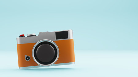 Vintage rangefinder camera isolated on blue background. minimal style with copy space. 3d rendering.の写真素材