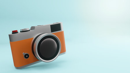 Vintage rangefinder camera isolated on blue background. minimal style with copy space. 3d rendering.の写真素材