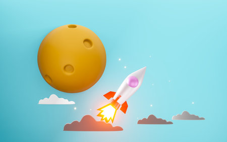 rocket flying into space and the moon background. 3d render.の写真素材