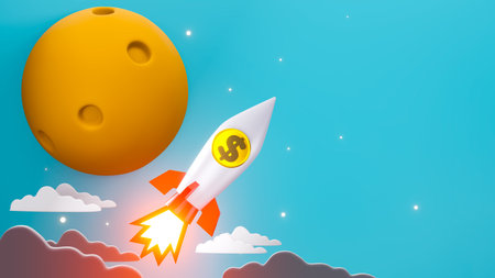 Bitcoin rocket flying into space and the moon background. 3d render.の写真素材