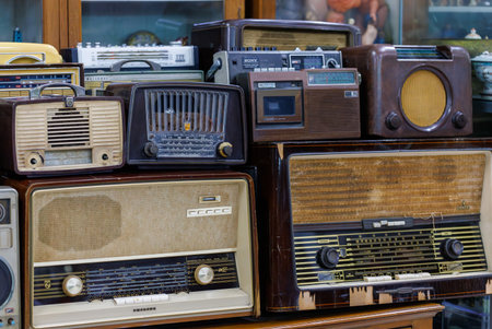 PHRA NAKHON SI AYUTTHAYA,THAILAND - AUGUST 5, 2023 : The vintage radio  collection at Lan Khong Len  museum.のeditorial素材