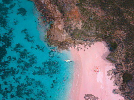 aerial view at pink beach, komodo national park, indonesiaの写真素材