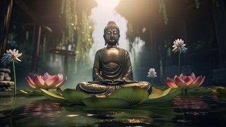 Buddha statue in the lotus pond with lotus flowersの素材