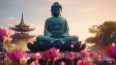 Buddha statue and lotus flower in the pond at sunsetの素材