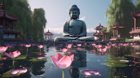 Buddha statue in the pond with lotus flower - 3d renderの素材
