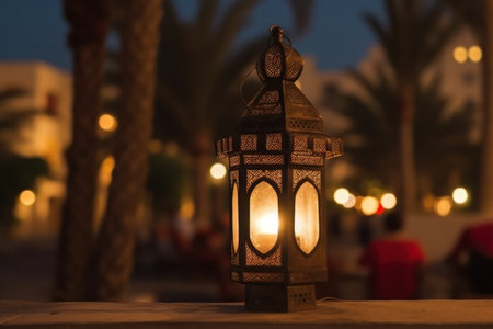 Arabic lantern on a wooden table in front of palm trees at nightの素材