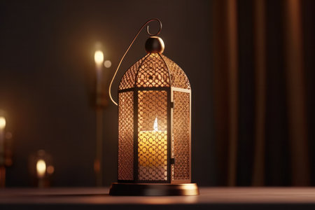 Lantern with burning candle on table against blurred background. Ramadan Kareem celebrationの素材