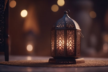 Lantern on the table. Ramadan Kareem greeting card.の素材