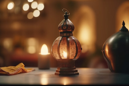 Lantern in a restaurant. Ramadan Kareem concept. Selective focus.の素材