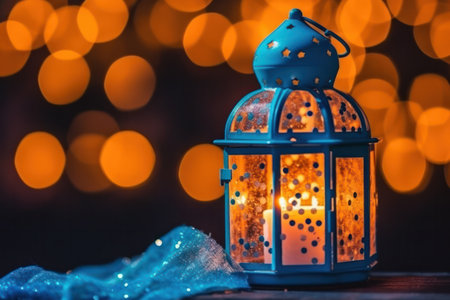 Lantern with burning candle on bokeh background, christmas decorationの素材