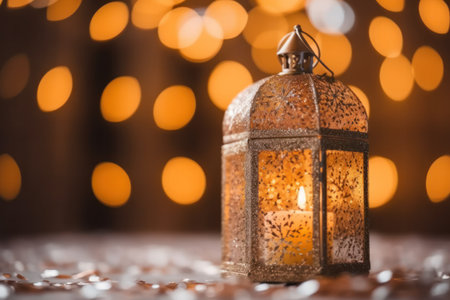 Lantern with burning candle on bokeh background. Ramadan Kareem conceptの素材