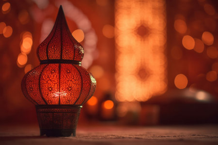 Lantern on the table in front of blurred background. Ramadan Kareem concept.の素材
